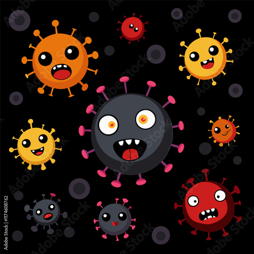 Set of funny virus emoticons with smiling, angry and many other faces of characters with different emotions, colorfull vector cartoon illustrations on a black background photo