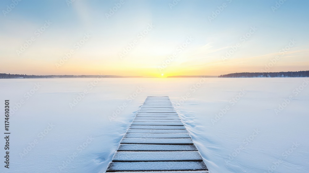 Obraz premium A wooden bridge spans a frozen lake