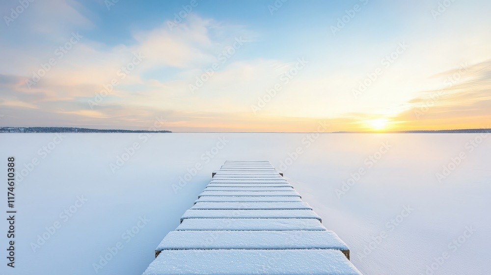 Naklejka premium A wooden bridge over a frozen lake with a beautiful sunset in the background