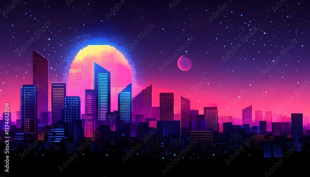 A vibrant digital cityscape at dusk, showcasing tall buildings silhouetted against a colorful sunset. Neon hues create a futuristic atmosphere, perfect for modern design themes.
