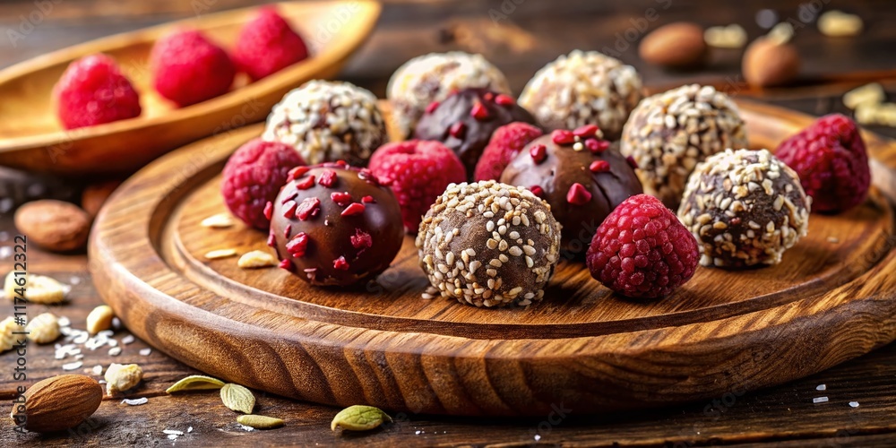 Delicious Vegan Chocolate Raspberry Truffles on Wooden Plate - Healthy Dessert Recipe Delicious Vegan Chocolate Raspberry Truffles on Wooden Plate - Healthy Dessert Recipe