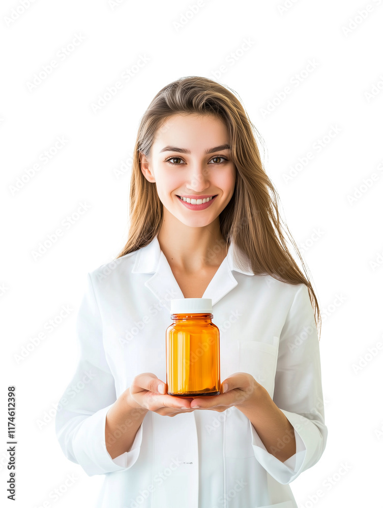 smiling female pharmacist in white coat holding prescription bottle, isolated on transparency background, showcasing professionalism and healthcare expertise smiling female pharmacist in white coat holding prescription bottle, isolated on transparency background, showcasing professionalism and healthcare expertise