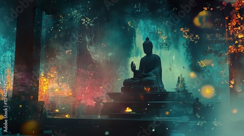 Serene Buddha Statue in Ancient Temple: A Peaceful Meditation Scene photo