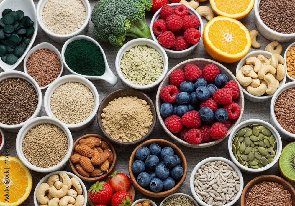 A vibrant flat lay showcasing a diverse array of colorful fruits, vegetables, nuts, and seeds, promoting a healthy and balanced diet A vibrant flat lay showcasing a diverse array of colorful fruits, vegetables, nuts, and seeds, promoting a healthy and balanced diet
