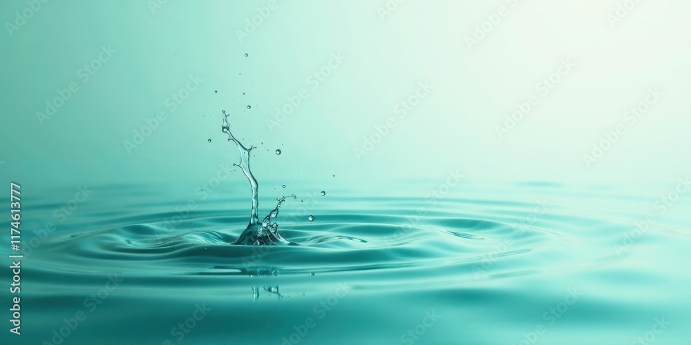 A single droplet's elegant impact, creating concentric ripples and a captivating splash on a serene teal surface A single droplet's elegant impact, creating concentric ripples and a captivating splash on a serene teal surface
