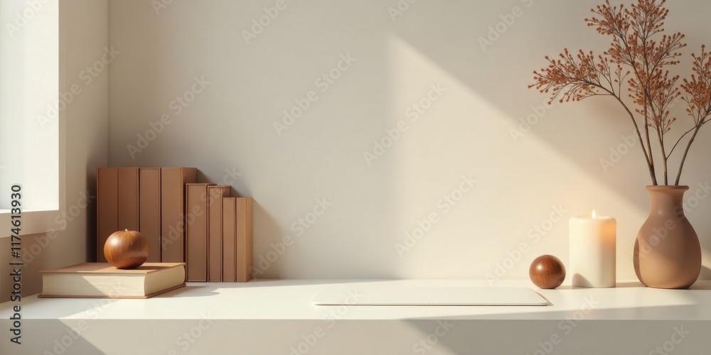 Serene minimalist workspace scene with natural light illuminating a simple desk arrangement featuring books, wooden orbs, a candle, and a vase of dried flowers. Serene minimalist workspace scene with natural light illuminating a simple desk arrangement featuring books, wooden orbs, a candle, and a vase of dried flowers.