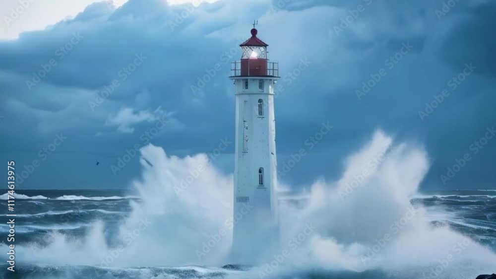 Large color retro lighthouse with beam of bright light shining out to blue sea, abstract vivid composition consists of fictional unreal fantastic vision on background Large color retro lighthouse with beam of bright light shining out to blue sea, abstract vivid composition consists of fictional unreal fantastic vision on background