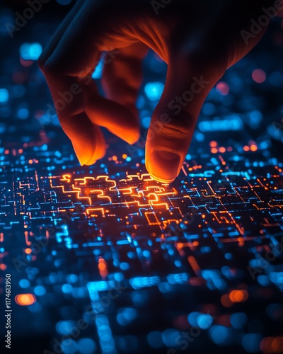 A person solving a glowing puzzle with bright pieces, dark blue backdrop, representing collaboration, innovation, and teamwork in a technologyfocused environment photo