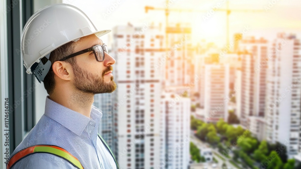 Construction worker gazing at cityscape, a vision of urban development and progress Construction worker gazing at cityscape, a vision of urban development and progress