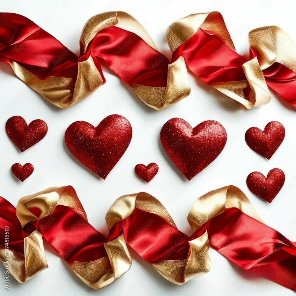 Valentine's Day background with red and gold hearts and ribbons scattered on a white background Valentine's Day background with red and gold hearts and ribbons scattered on a white background