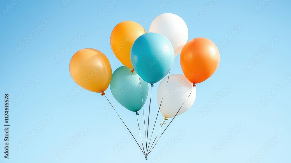 A bunch of balloons in the air with a blue sky in the background A bunch of balloons in the air with a blue sky in the background