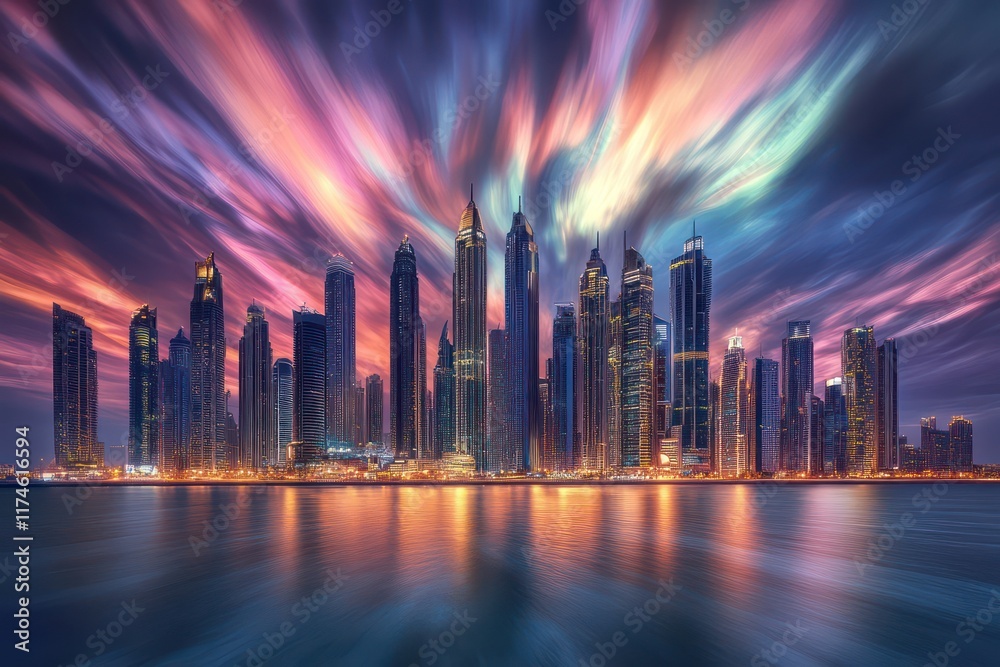 Obraz premium A downtown skyline of futuristic metallic buildings glowing under a dynamic, colorful sky