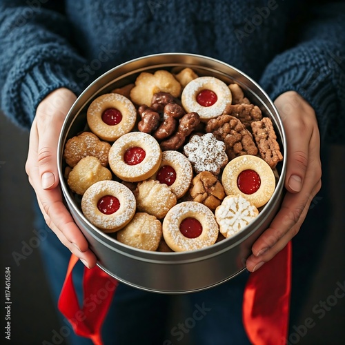  hands gifting A beautifully decorated tin filled with assorted cookies.  cookies, assorted cookies, cookie tin, gift tin, gift box, gift ideas, birthday gifts, holiday gifts, christmas cookies, chris