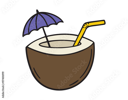 Doodle cartoon coconut cocktail with umbrella and straw isolated on white background. hand drawn exotic coconut cocktail