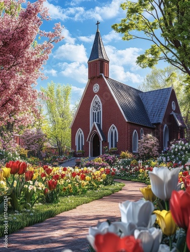 Charming church garden hosts intimate outdoor easter service amidst tulips and lilies photo