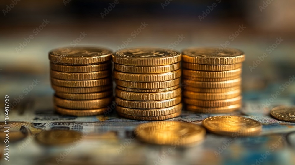 Stacks of Golden Coins on Banknotes: Wealth, Finance, and Prosperity Stacks of Golden Coins on Banknotes: Wealth, Finance, and Prosperity