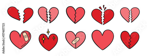 broken heart pink doodle hand drawn icon set. Outline drawing broken red hearts line clipart symbol collection