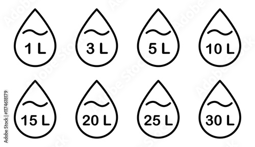 Liter icon set. Liters- 1,3,5,10,15,20,25,30. Fluid volume in liters. Capacity of oil and water icon set.  Liter icon fluid volume in liters liquid drop litre. Liquid measure in liters. 
