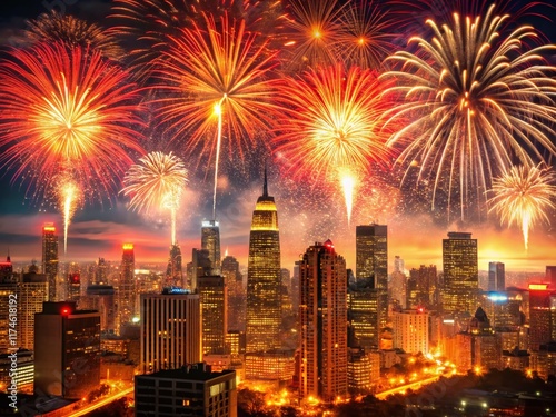 Double Exposure: Fireworks Cityscape - Red & Gold Night Explosion