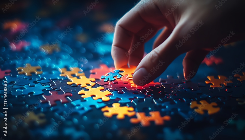 Person interacting with bright puzzle pieces against a dark blue background, symbolizing teamwork, innovation, and problemsolving in a technologydriven environment Person interacting with bright puzzle pieces against a dark blue background, symbolizing teamwork, innovation, and problemsolving in a technologydriven environment