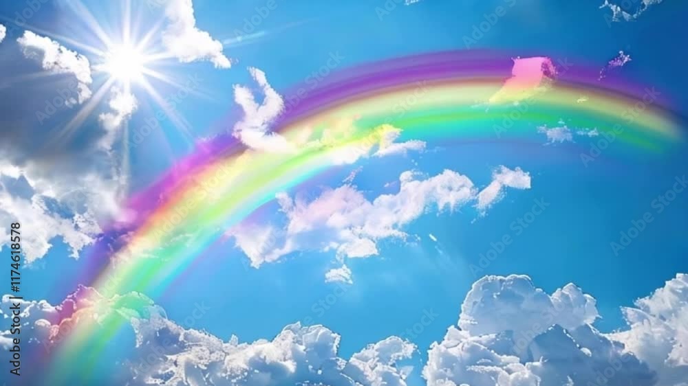 Beautiful color tranquil landscape with magical bright rainbow at cloudy sky, abstract vivid composition consists of fictional unreal fantastic vision on background