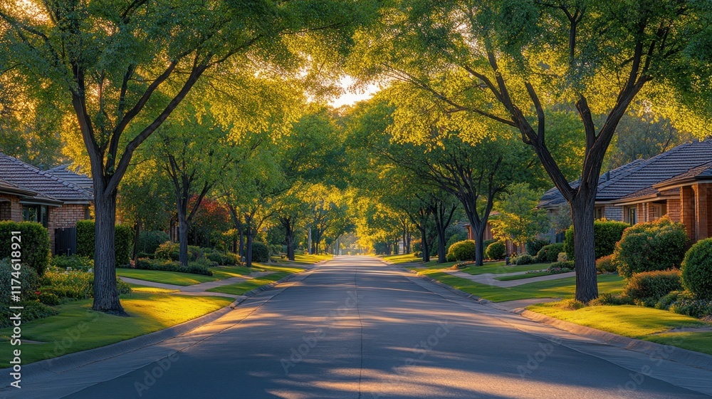Sunlit suburban street lined with lush trees and homes. Sunlit suburban street lined with lush trees and homes.