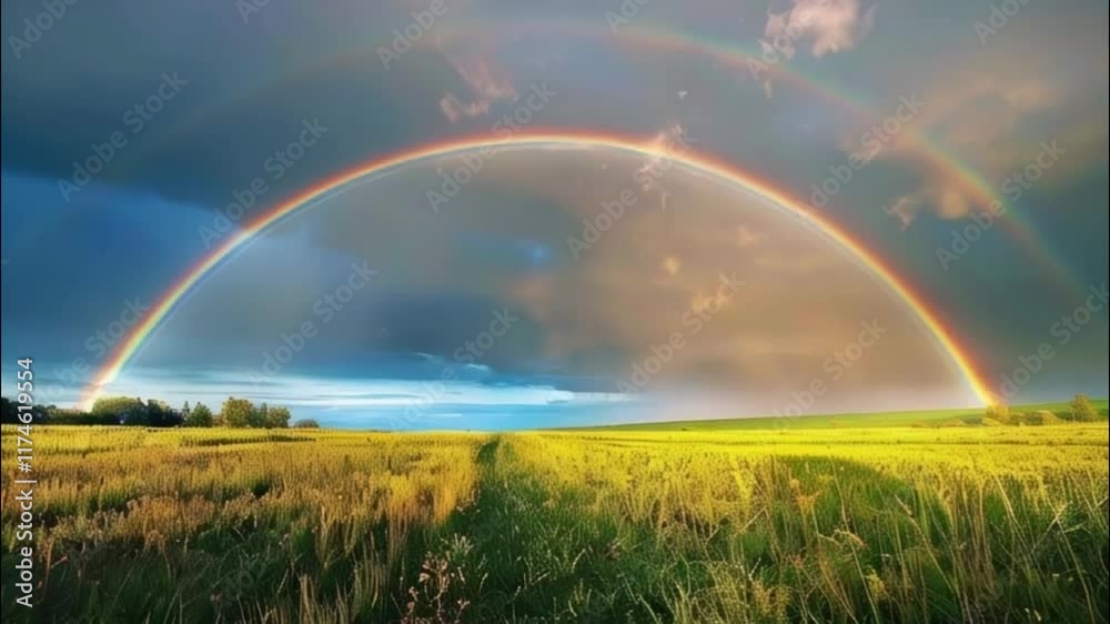 Beautiful color tranquil landscape with magical bright rainbow at cloudy sky, abstract vivid composition consists of fictional unreal fantastic vision on background Beautiful color tranquil landscape with magical bright rainbow at cloudy sky, abstract vivid composition consists of fictional unreal fantastic vision on background