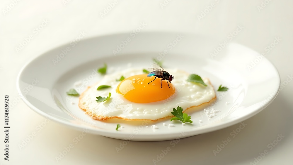 Close-up photo of a fly perched on a fried egg sunny side food cuisine served on a white plate, emphasizing issues of unhygienic food practices, contamination risks, and food safety concerns Close-up photo of a fly perched on a fried egg sunny side food cuisine served on a white plate, emphasizing issues of unhygienic food practices, contamination risks, and food safety concerns