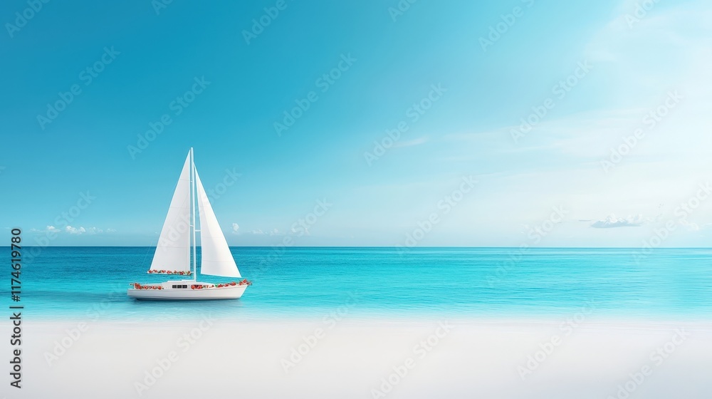 Obraz premium A white sailboat is floating in the ocean