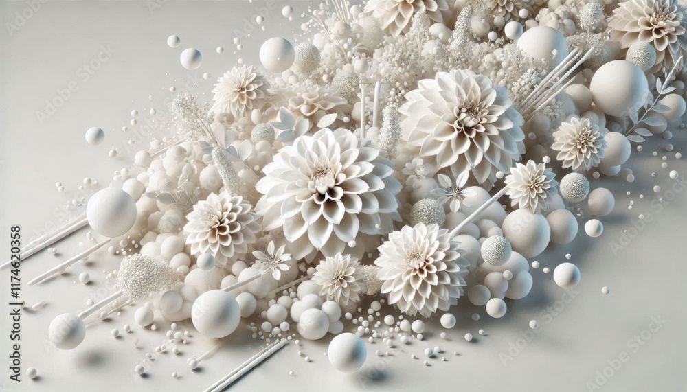 white abstract background with Pompon Dahlia as Sprinkle. 3d style