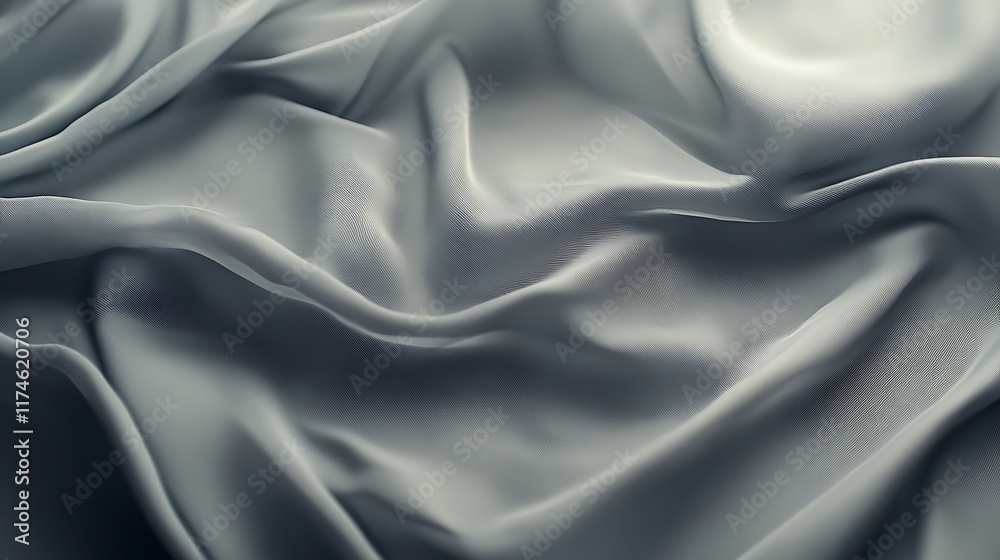 Fototapeta premium A close-up of a piece of gray fabric, likely silk or satin, with smooth, wavy folds creating a soft, draping effect.