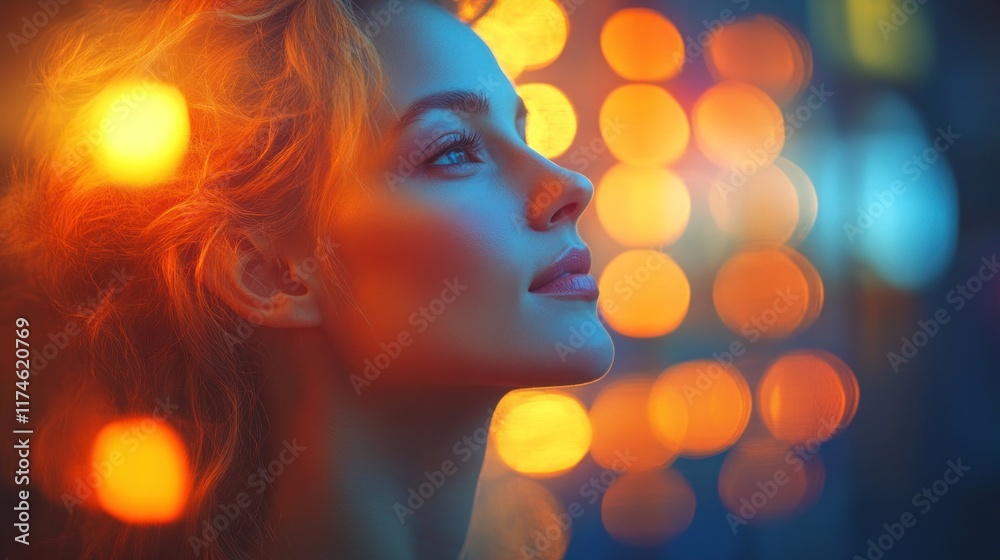 A profile of a woman illuminated by colorful bokeh lights in a dreamy atmosphere. A profile of a woman illuminated by colorful bokeh lights in a dreamy atmosphere.