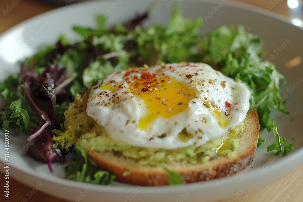 A nutritious breakfast of avocado toast topped with a perfectly poached egg, a sprinkle of chili flakes, and a drizzle of olive oil. Served on whole-grain toast with a side of mixed greens A nutritious breakfast of avocado toast topped with a perfectly poached egg, a sprinkle of chili flakes, and a drizzle of olive oil. Served on whole-grain toast with a side of mixed greens