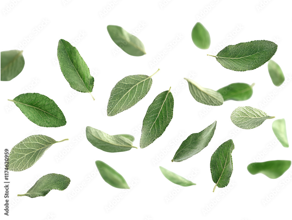 Floating Sage Leaves in Air on Transparent Background Floating Sage Leaves in Air on Transparent Background