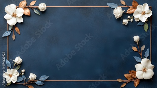 A blue background with white flowers and a gold frame