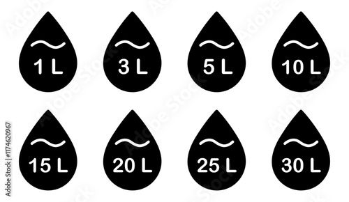  Liter icon set. Liters- 1,3,5,10,15,20,25,30. Fluid volume in liters. Capacity of oil and water icon set. Liter icon fluid volume in liters liquid drop litre. Liquid measure in liters.