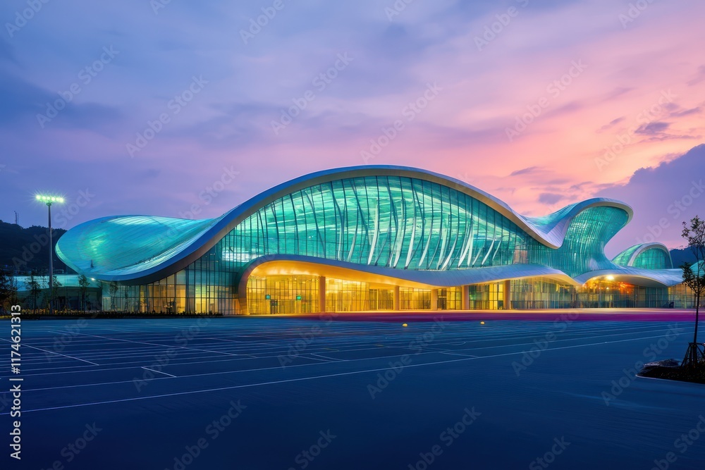 Naklejka premium A dynamic sports complex with fluid shapes, translucent roofing, and vibrant lighting designed for energy efficiency