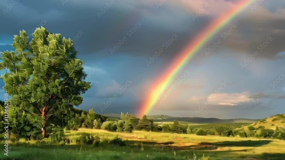 Beautiful color tranquil landscape with magical bright rainbow at cloudy sky, abstract vivid composition consists of fictional unreal fantastic vision on background Beautiful color tranquil landscape with magical bright rainbow at cloudy sky, abstract vivid composition consists of fictional unreal fantastic vision on background