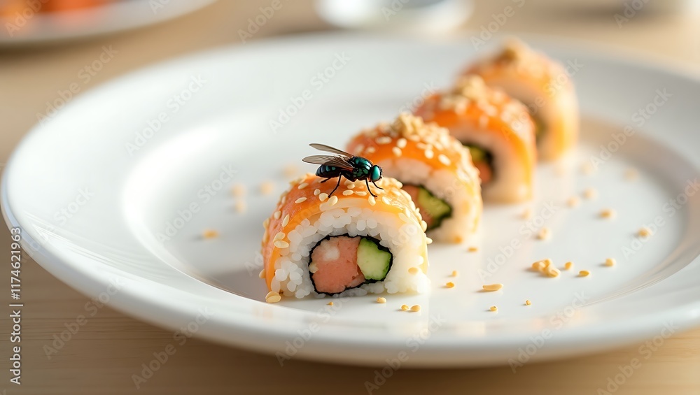 Close-up photo of a fly perched on a rolled japanese sushi served on a white plate, emphasizing issues of unhygienic food practices, contamination risks, and food safety concerns Close-up photo of a fly perched on a rolled japanese sushi served on a white plate, emphasizing issues of unhygienic food practices, contamination risks, and food safety concerns