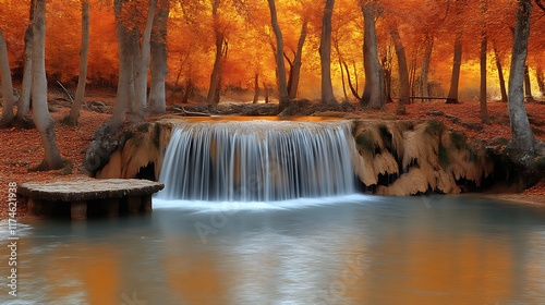Autumn Waterfall Scene in a Golden Forest