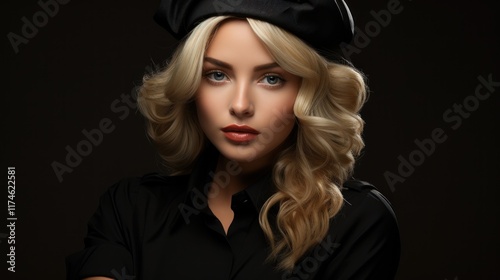 Elegant Blonde Woman in a Black Beret: A Studio Portrait