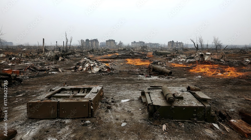 Desolate battlefield with burned landscape and destroyed tanks. Desolate battlefield with burned landscape and destroyed tanks.