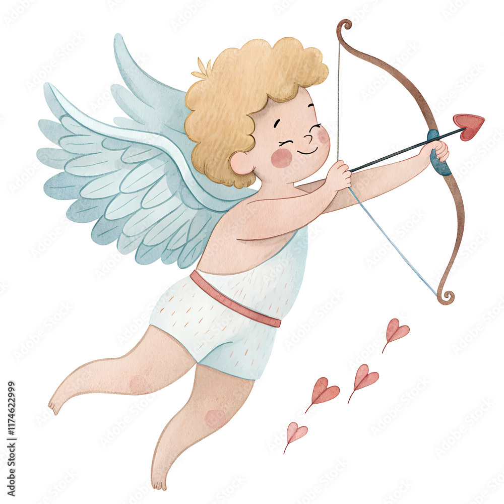Whimsical cupid with bow and heart-shaped arrow, surrounded by hearts and floral elements. Watercolor Valentine's Day art Whimsical cupid with bow and heart-shaped arrow, surrounded by hearts and floral elements. Watercolor Valentine's Day art