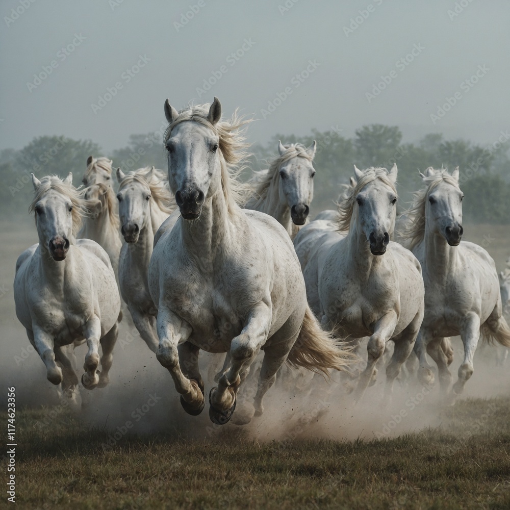 Obraz premium A herd of white horses galloping across a misty plain.