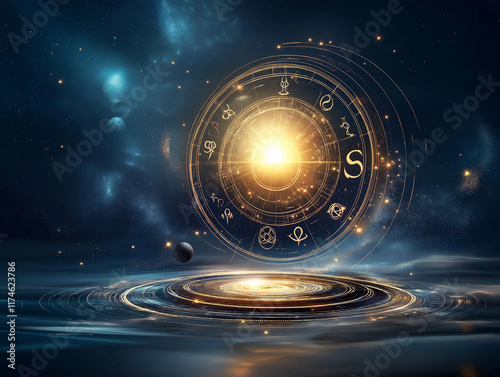 Zodiac signs arranged in the center of a circle, with a glowing moon and stars in the background, creating a magical atmosphere, hyper-realistic celestial landscape with flowers, high-detail rendering