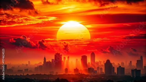 Dramatic City Sunset Skyline - Intense Red Sun Glow, Urban Landscape Photography