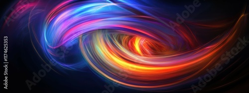 Swirling neon spiral, vibrant rainbow colors, glowing energy vortex, abstract digital art, electric blue and purple hues, dynamic motion blur, cosmic whirlpool, dark background, luminous streaks, psyc photo