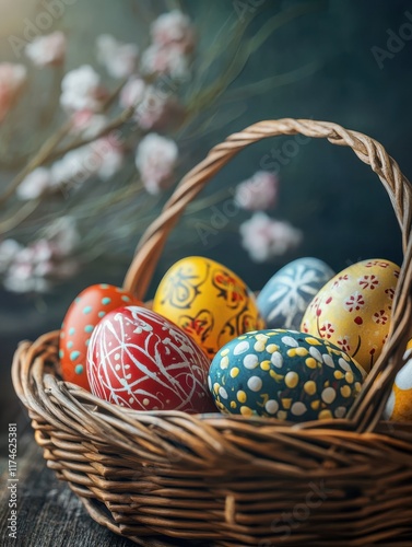 painted eggs in basketeaster copy space Generative AI photo