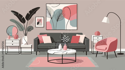 A minimalist living room with pastel accents, featuring a dark gray sofa, blush red throw pillows, a white marble coffee table, and abstract painting in contrast hues hanging on the wall 