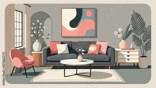 A minimalist living room with pastel accents, featuring a dark gray sofa, blush red throw pillows, a white marble coffee table, and abstract painting in contrast hues hanging on the wall 